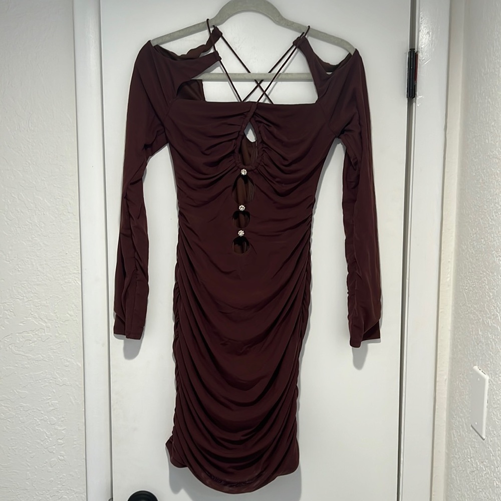 Brown dress long sleeve open front strappy